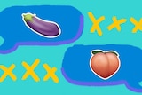 An illustration depicting sexting including two chat speech bubbles with eggplant and peach emojis.
