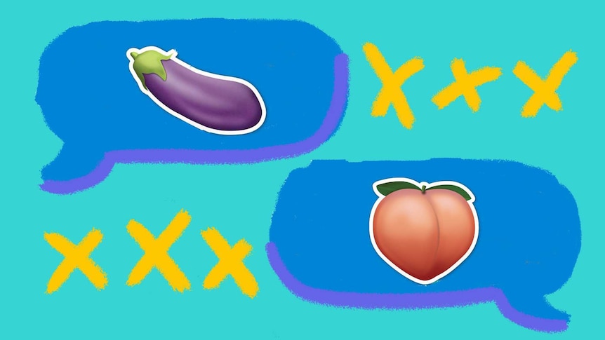 An illustration depicting sexting including two chat speech bubbles with eggplant and peach emojis.