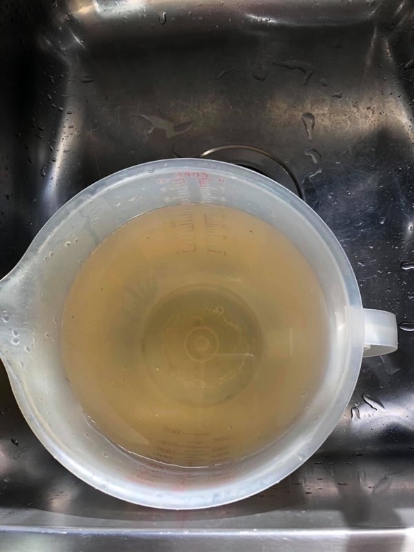 A plastic container filled with brown-looking tap water