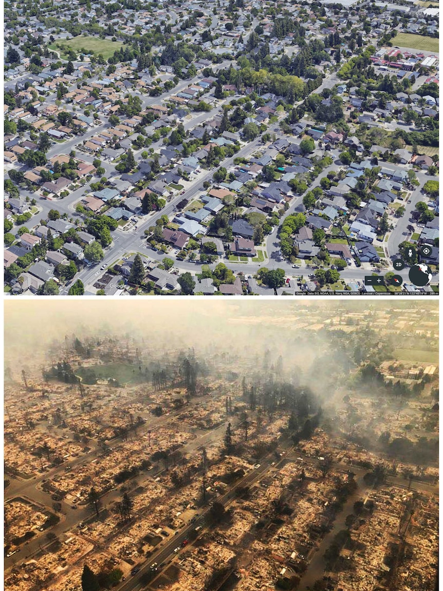 A composite image shows a before picture of Santa Rosa's suburban streets, and a photograph taken after fires ripped through.