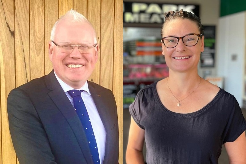 a composite image of a man wearing glasses and a young woman also wearing glasses smiling at the camera