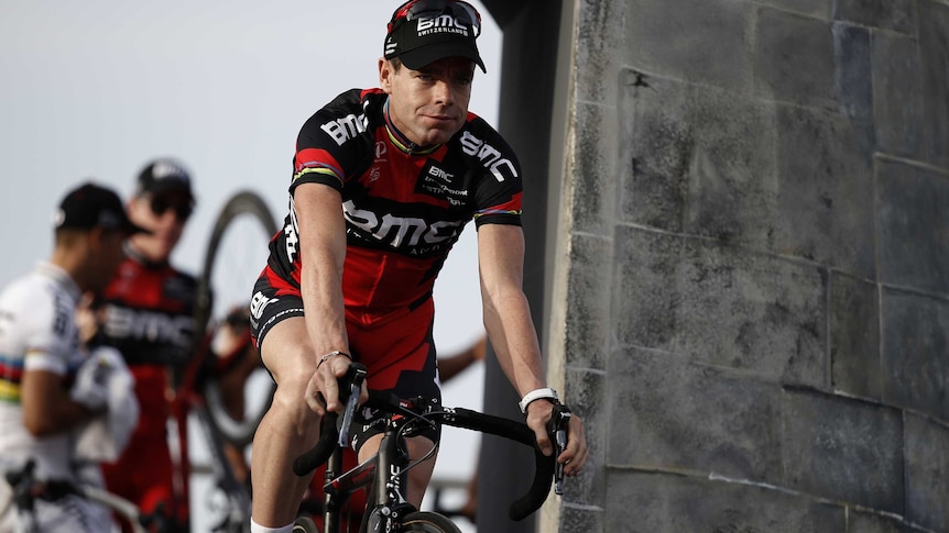 Cadel Evans rising for a team shoot in Corsica