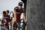 Cadel Evans rising for a team shoot in Corsica