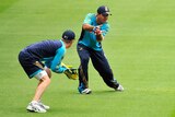 Good progress...Brad Haddin said Ponting (r) trained well in the field at the MCG today.