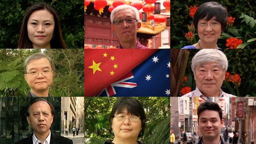 A collage of seven different Chinese-Australians with a Chinese and Australian flag in the middle.