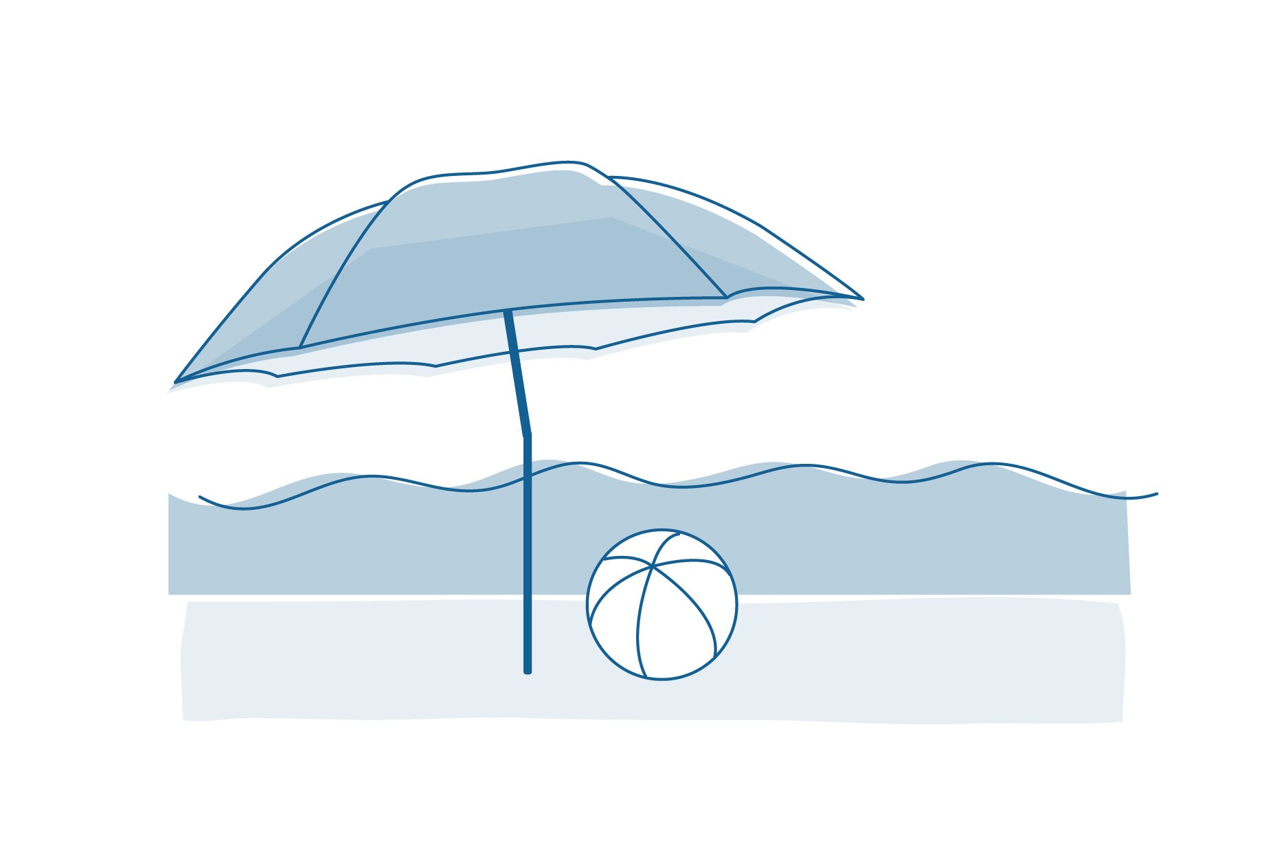 An illustration of a beach umbrella and beach ball in front of the ocean.