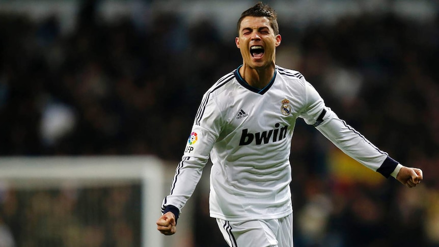 Cristiano Ronaldo celebrates scoring a goal for Real Madrid.