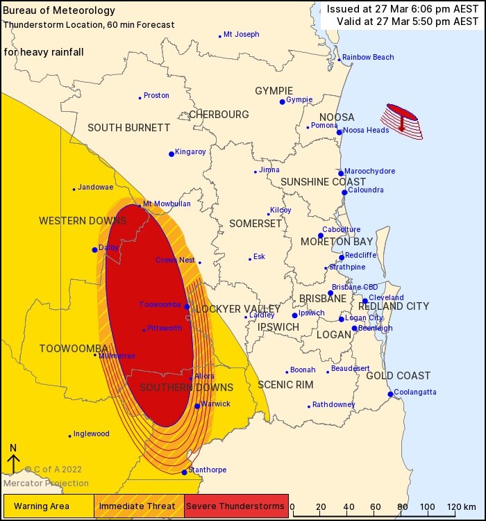 Queensland map with red storm warning 