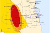 Queensland map with red storm warning 