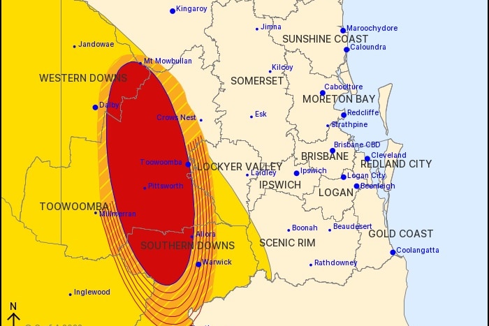 Queensland map with red storm warning 
