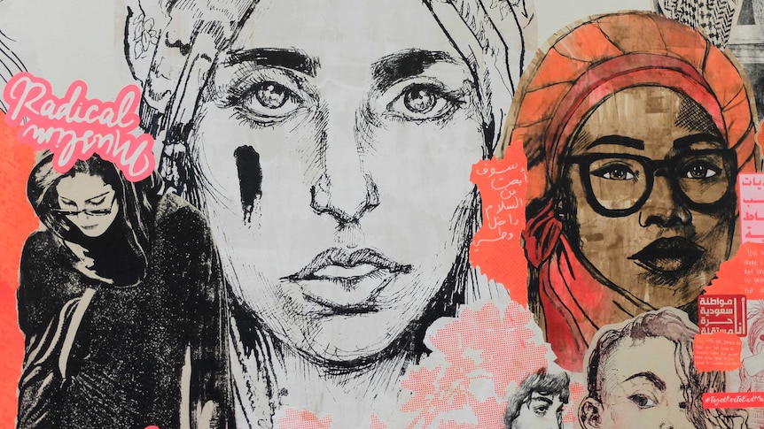 Street art mural featuring faces of Saudi Arabian women, including Yasmin Abdel-Magied.