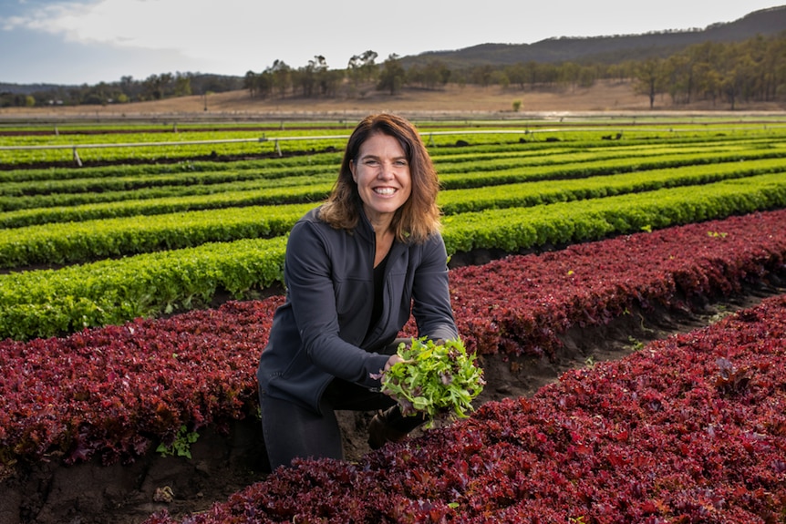 Woman kneels down amongst rows of green and red lettuce. She smiles at the camera holding loose lettuce leaves in her hands.