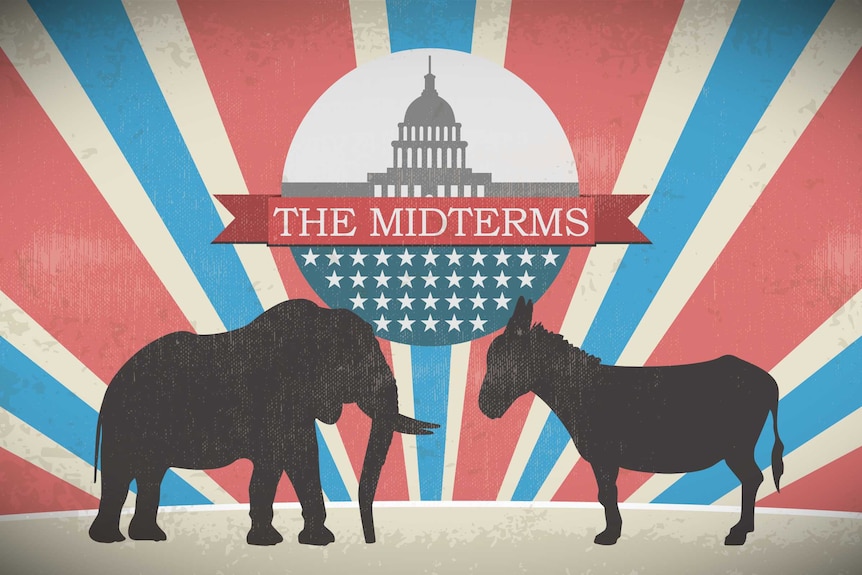 The Republican elephant and Democrat Donkey stand facing each other in front of a re white and blue background