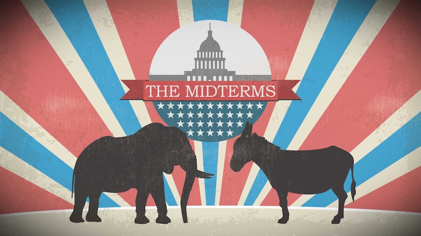 The Republican elephant and Democrat Donkey stand facing each other in front of a re white and blue background