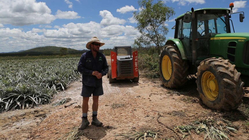 Farmer in field with tractor.