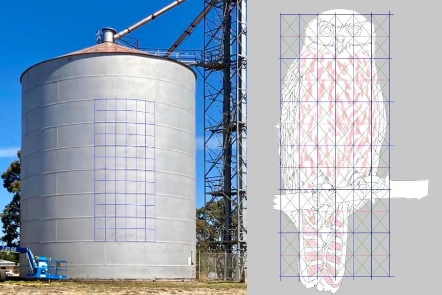A composite image with a silo and grid on left and an owl drawing and grid on right