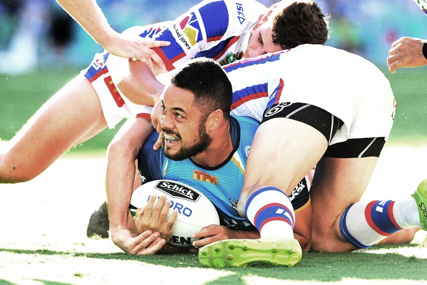 Gold Coast Titans player Jarryd Hayne scores against the Newcastle Knights in round nine, 2017.