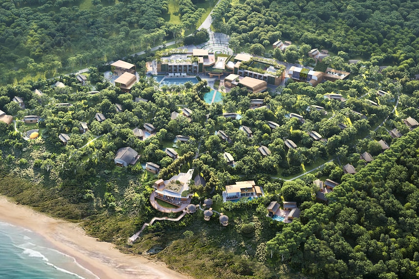An artist's impression of a large resort with a main building a heap of smaller buildings around it.