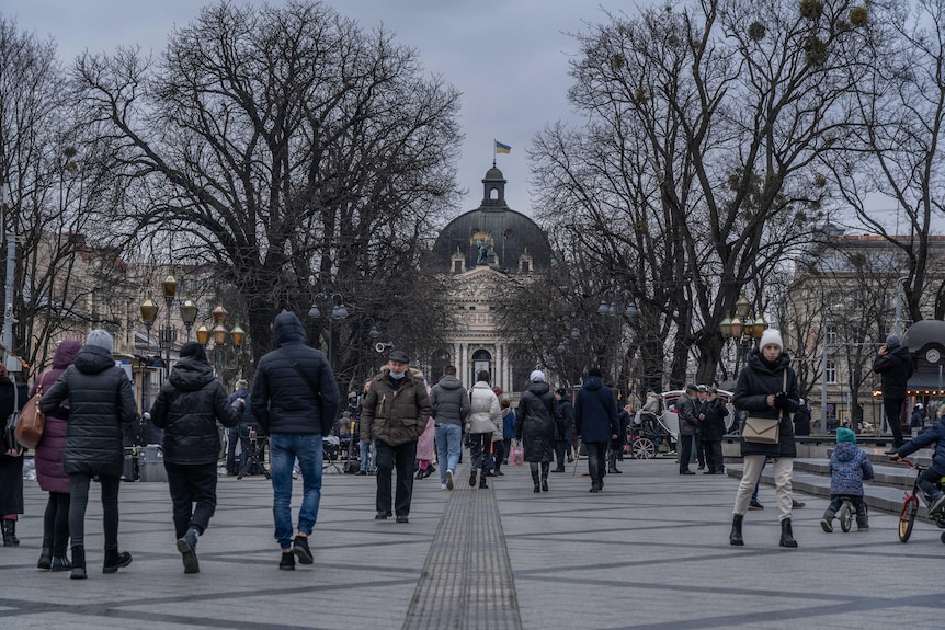 People on the street in Lviv.