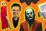 A collage of four costumes on an orange background