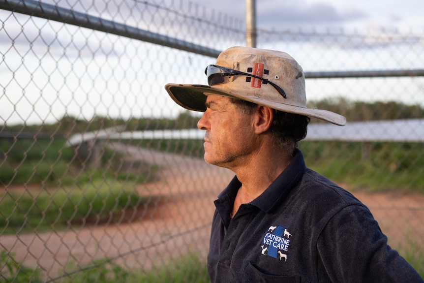 A man looks off frame through a wire fence to a solar farm. 