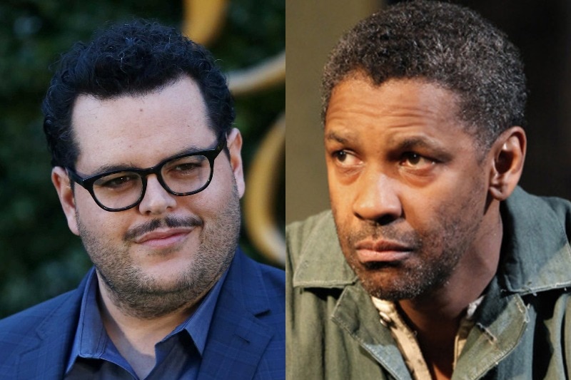 Left: Josh Gad on a red carpet. Right: Denzel Washington on the set of Fences