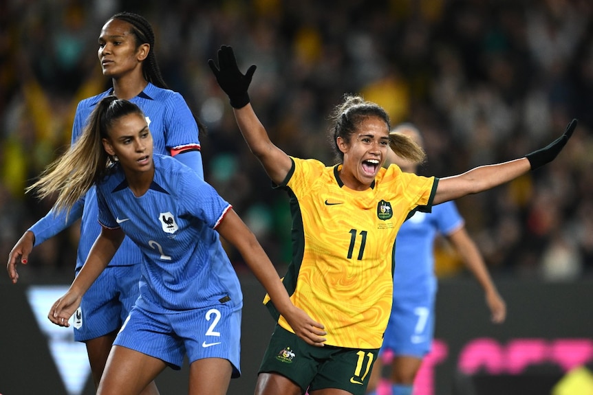 Mary Fowler of the Matildas celebrates after scoring a goal against France