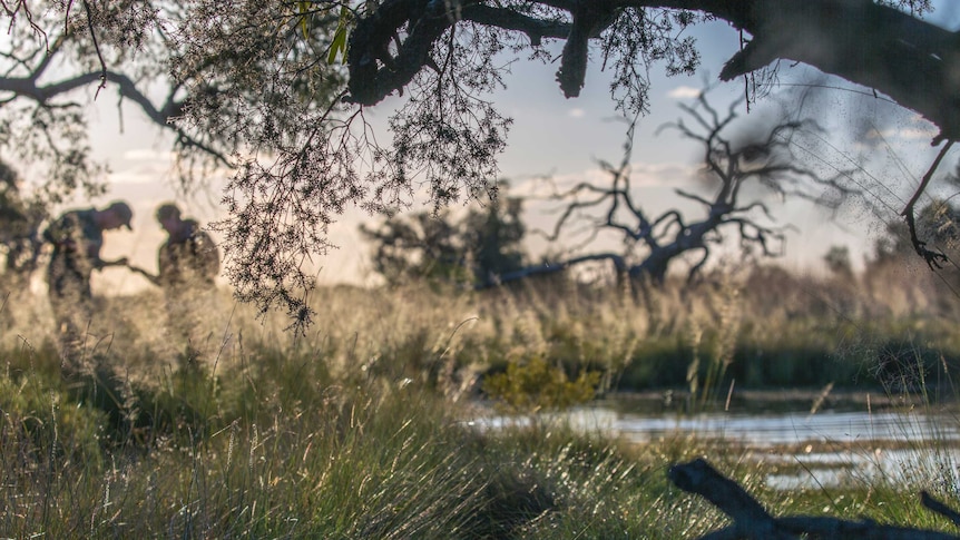 A softly lit landscape shot of a spring with two scientists working in the background.