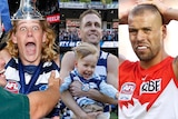 A composite image of Sam de Koning, Joel Selwood and Levi Ablett, and Lance Franklin