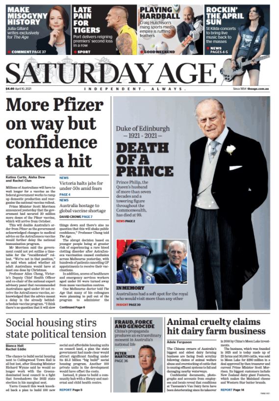 The front page of The Age newspaper the day after the death of Prince Philip.