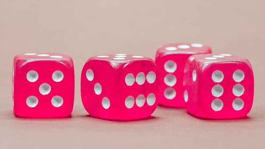 Photograph of 4 dice that are pink. The background is white