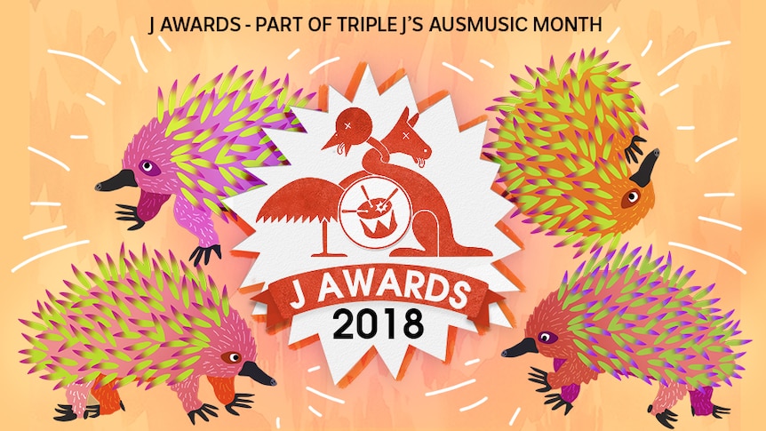 The artwork for the 2018 J Awards featuring four multi-coloured echidnas
