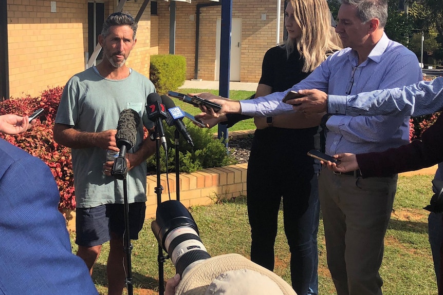 Aaron Cockman speak to the media outside the Margaret River Police Station.