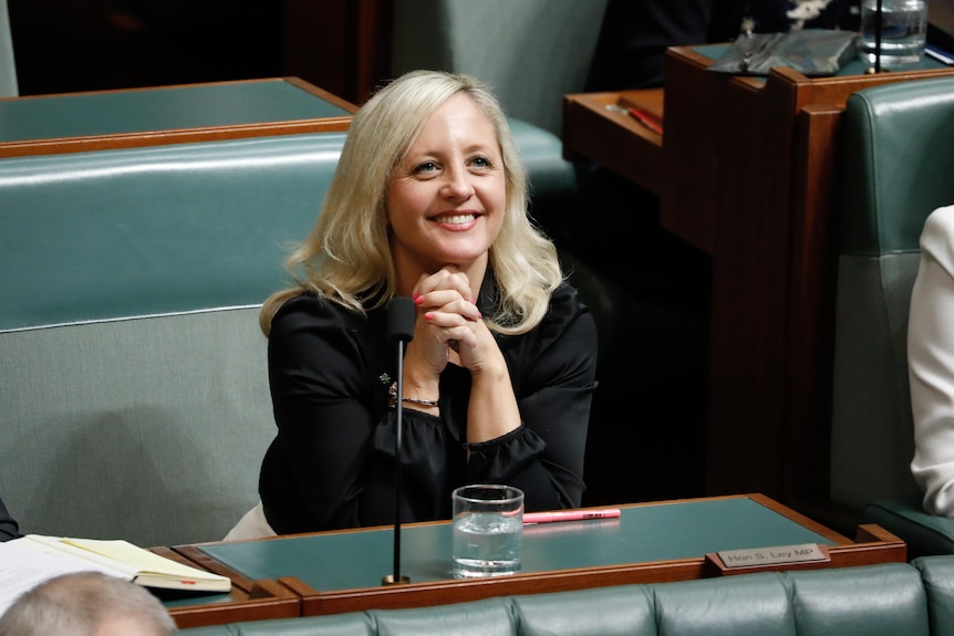 Melissa McIntosh sits at her desk in Parliament. She is smiling. A microphone and glass of water are on her desk.