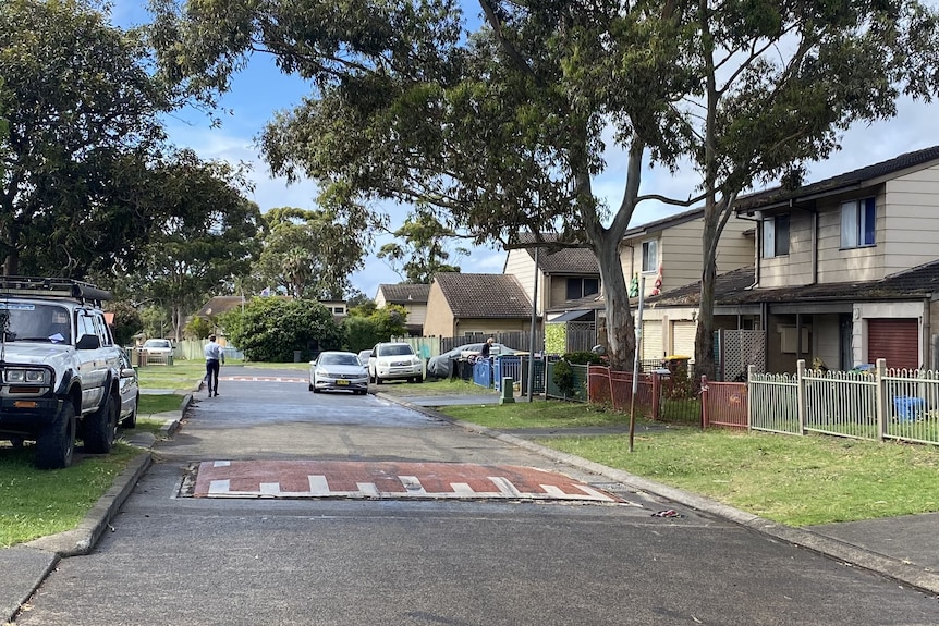 Brick two-storey housing estate with wet road 