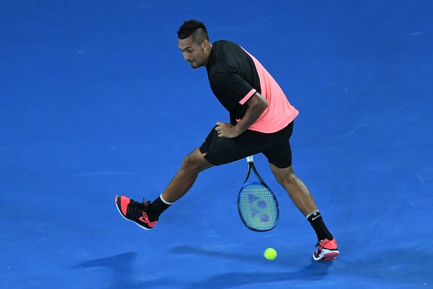 Nick Kyrgios of Australia in action against Jo-Wilfried Tsonga at the 2018 Australian Open.