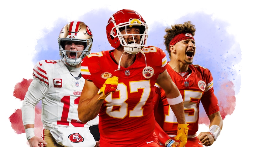 Brock Purdy of the San Francisco 49ers and Travis Kelce and Patrick Mahomes of the Kansas City Chiefs during NFL games.
