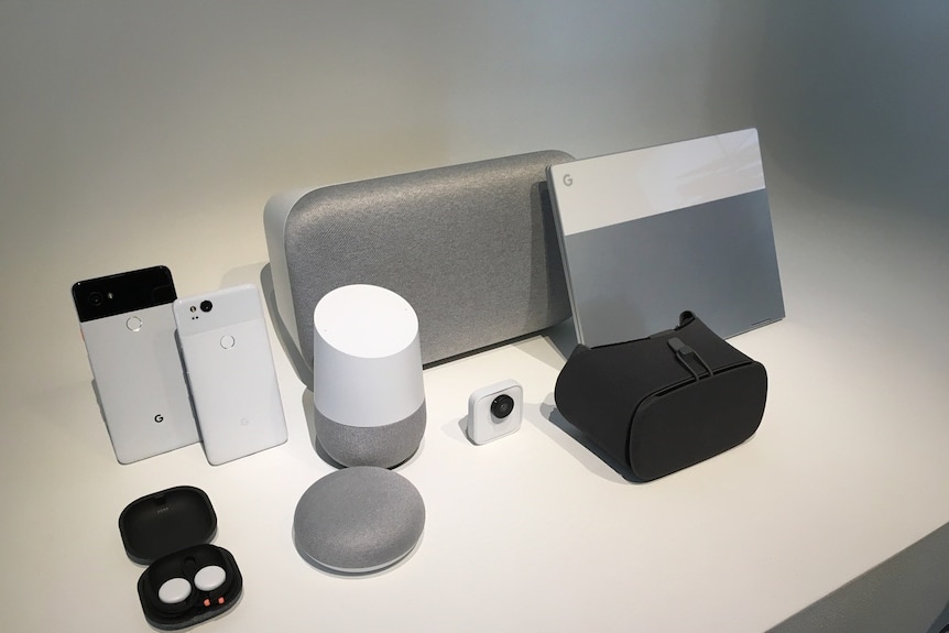 Google products sit on a table.