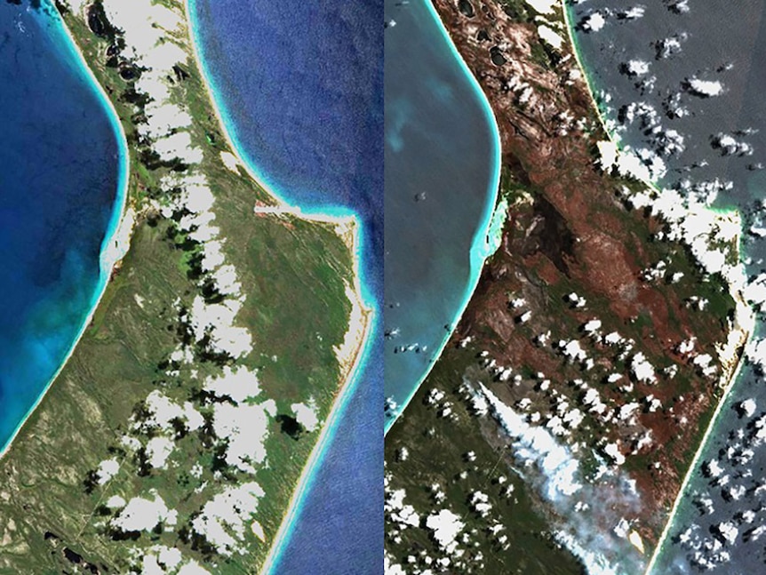 Composite image of Fraser Island before and after a major bushfire