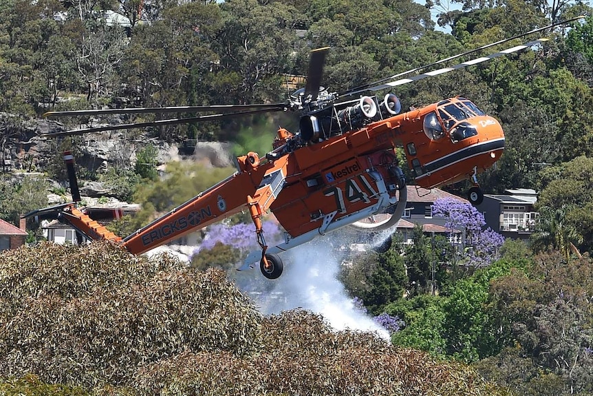 An Erickson Skycrane drops water on a bushfire