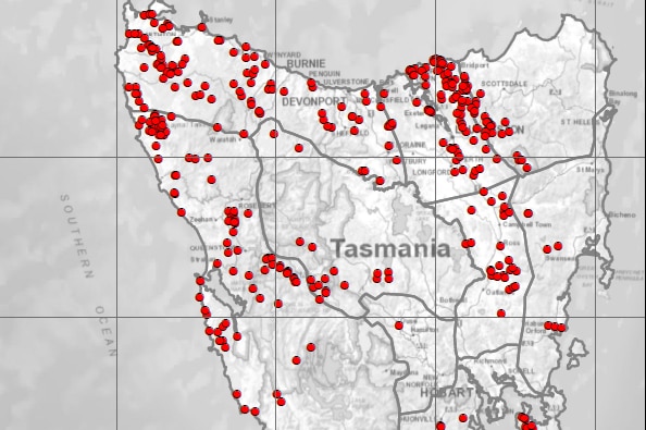 A map showing lightning strikes in Tasmania