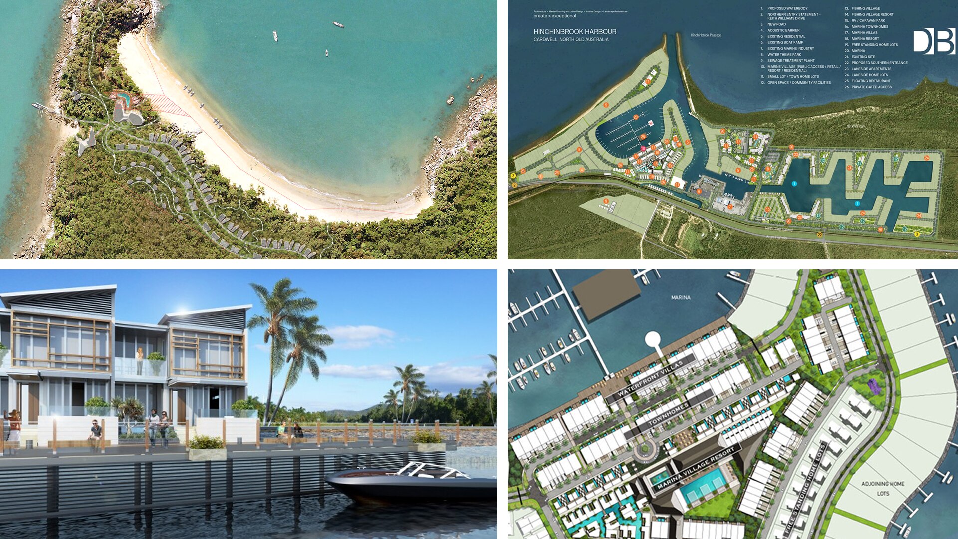 A composite image which shows architectural renders of a resort development.