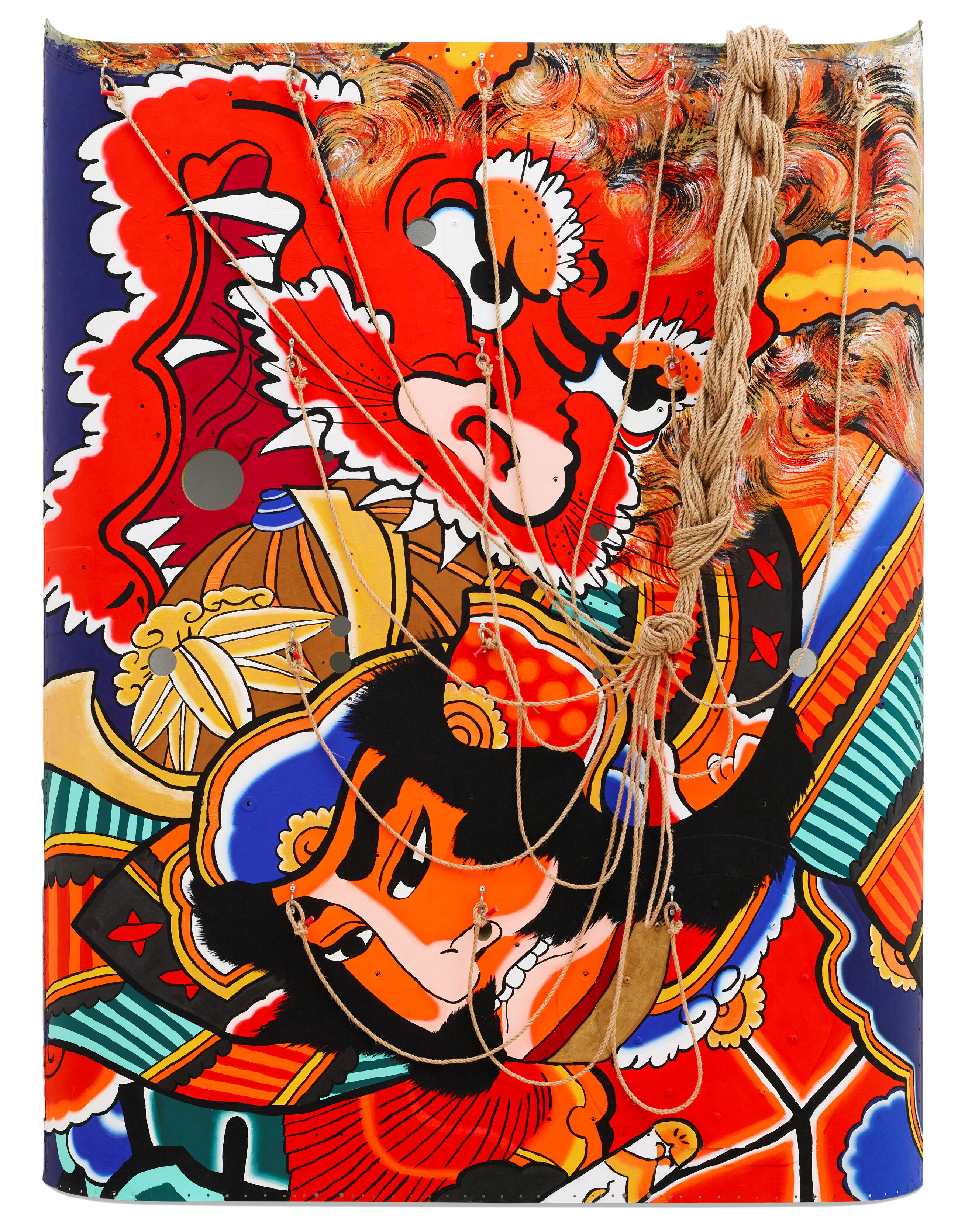 A painting of a warrior and a demon fighting, painting in vivid shades of mostly orange and red