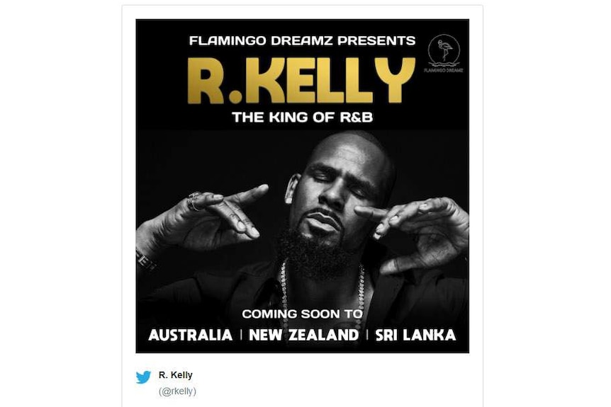 Screenshot of tweet by @rkelly showing image of him with "FLAMINGO DREAMZ PRESENTS R. KELLY ... COMING SOON TO AUSTRALIA"