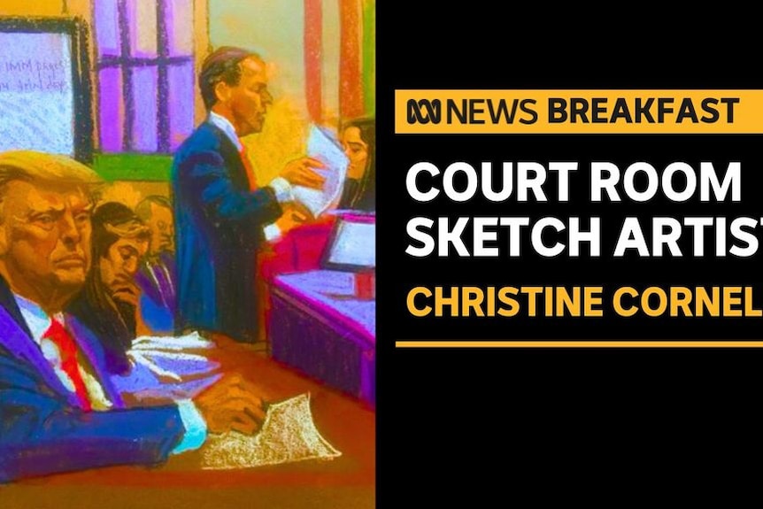 Court Room Sketch Artist, Christine Cornell: Court room sketch of former US president Donald Trump