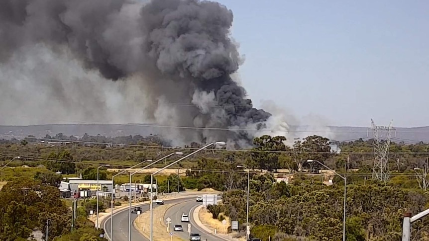 A large black smoke plume rises from bushland