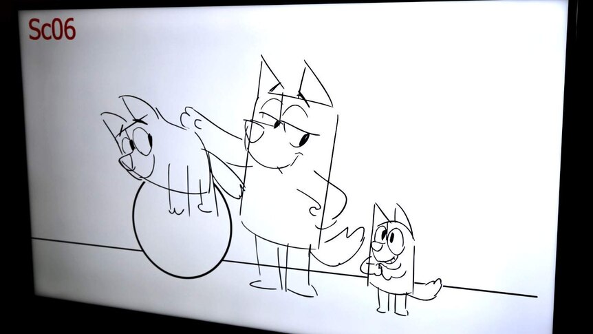 A screen showing a black and white line drawing of Bandit, Bluey and Bingo.