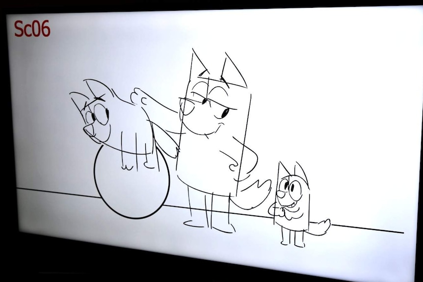 A screen showing a black and white line drawing of Bandit, Bluey and Bingo.