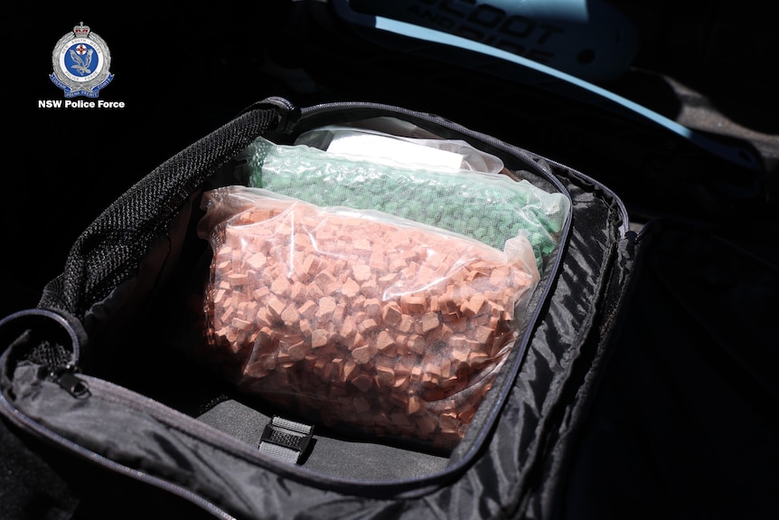Two large bags of pills in a suitcase.