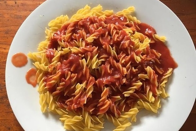 A basic pasta meal with sauce.
